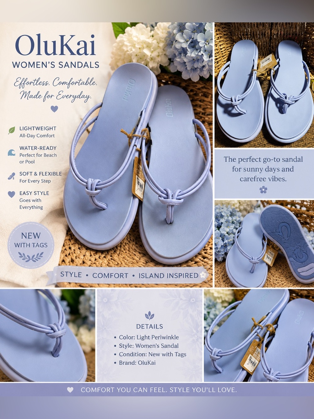 OluKai Paki Women's Flip Flops Non Marking Wet Grip Rubber in Blue. New